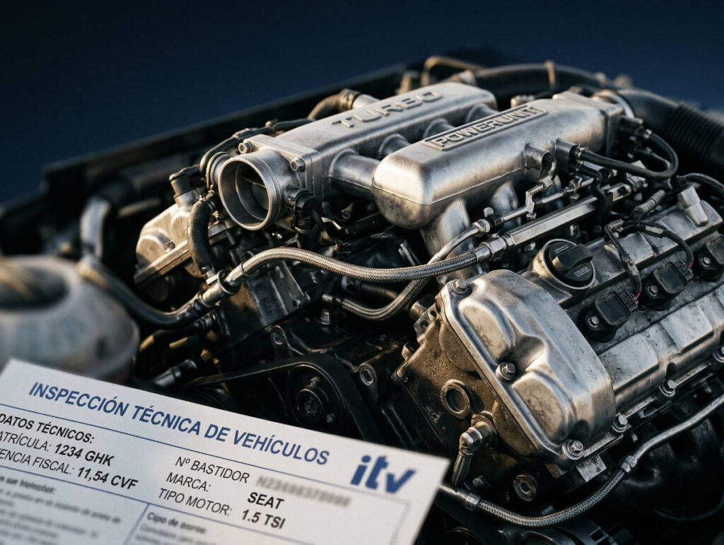 Caballos fiscales vs CV - Compartimento motor de un coche con ficha técnica ITV mostrando la potencia fiscal en caballos fiscales (CVF)