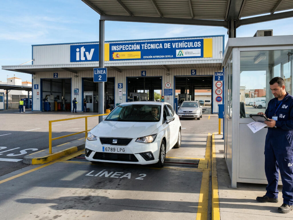 Técnico de ITV revisando un turismo blanco en la línea de inspección de la estación de Vinaròs, la ITV más cercana a Benicarló