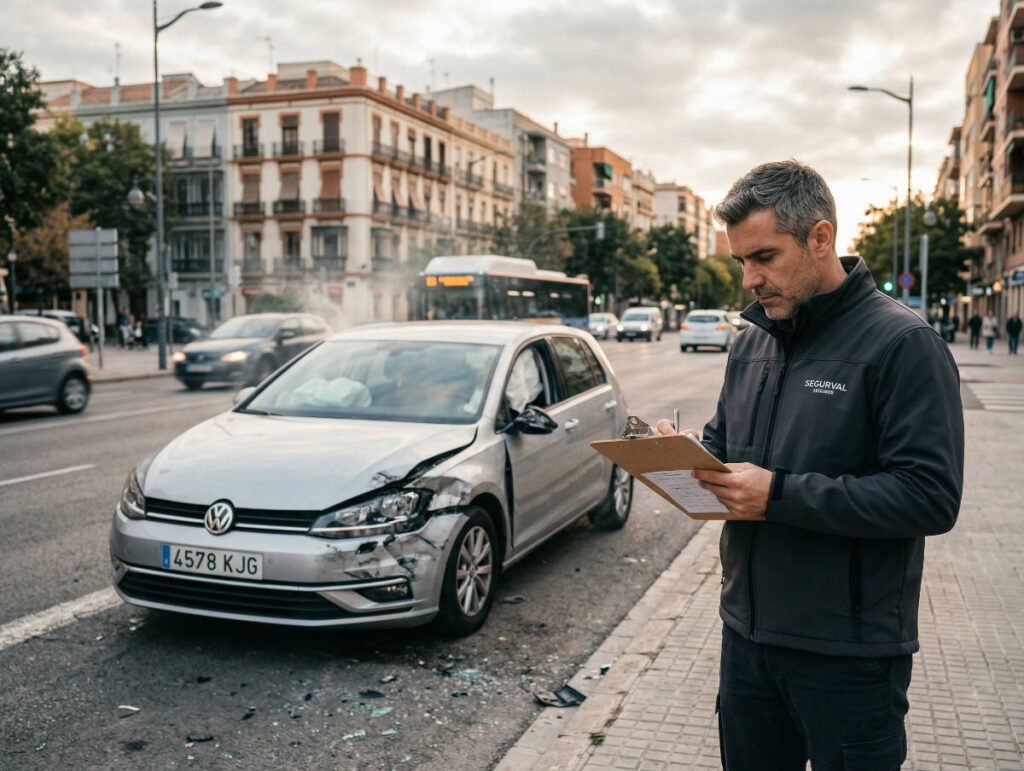 Perito de seguros valorando un coche siniestro total en una calle urbana de España